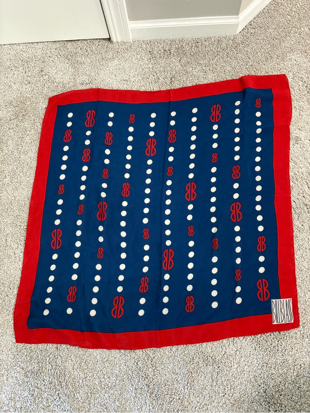 Vintage Bill Blass Silk Scarf BB Monogram Polka Dot Red White Blue Scarf - Picture 2 of 4